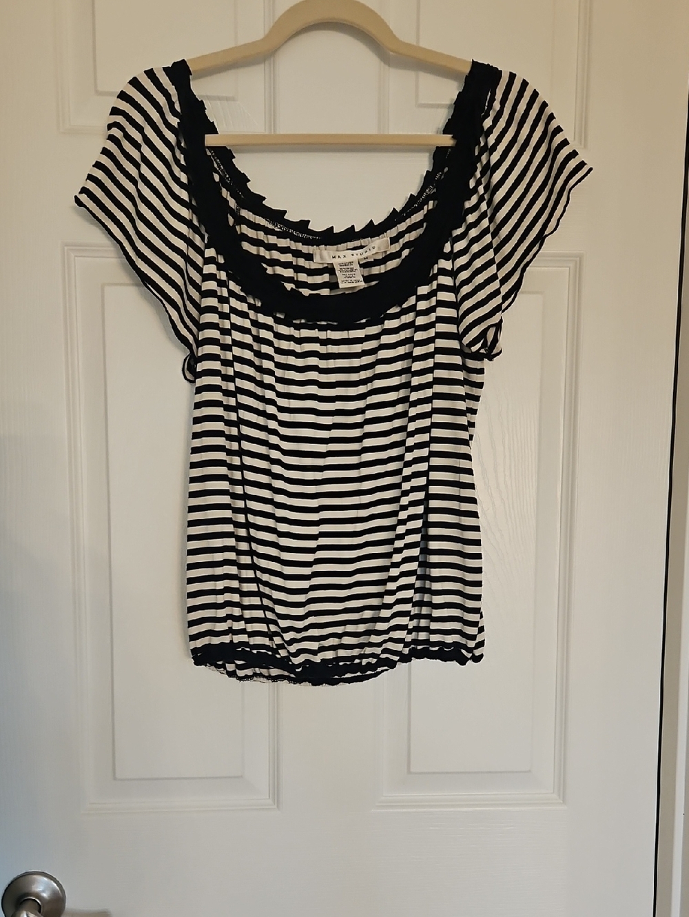 Max Studio Black and White Striped Scoop Neck Top